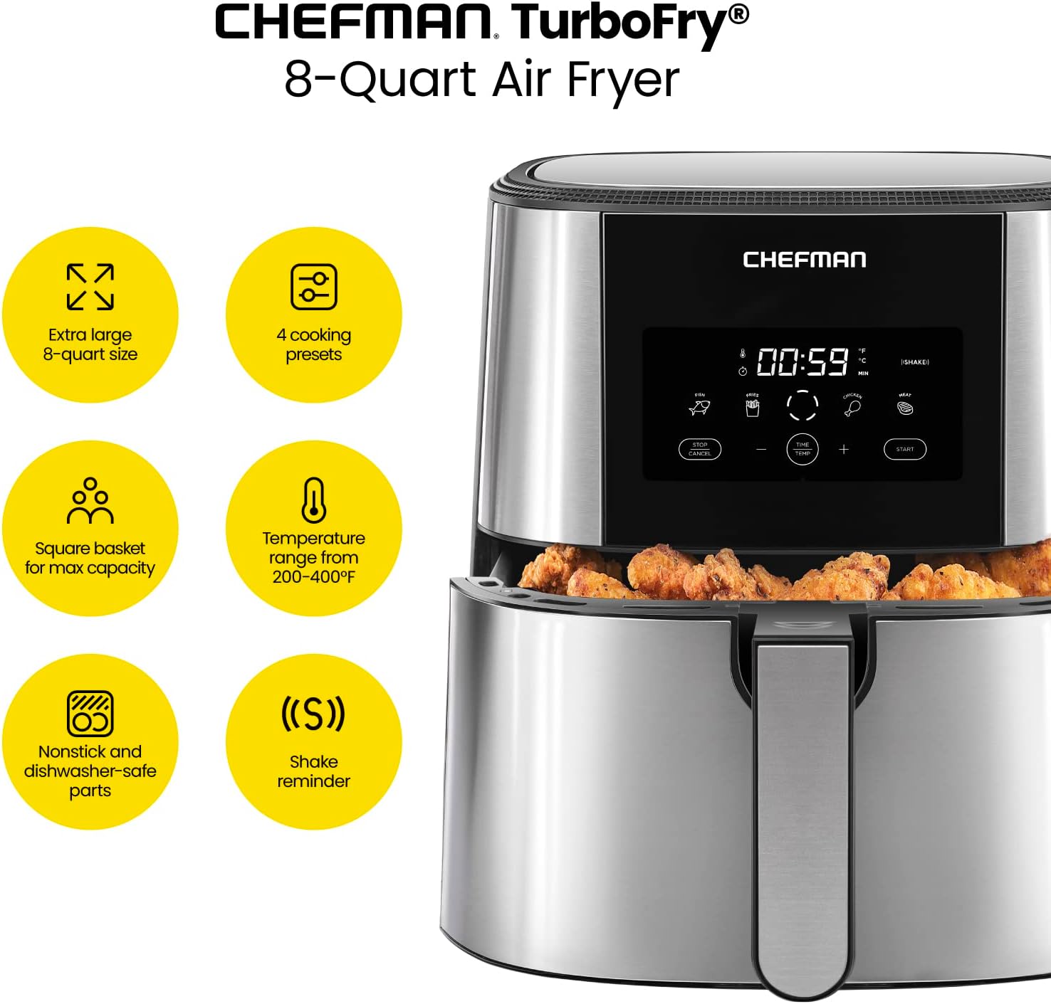 Chefman TurboFry® Touch Air Fryer  XL 8-Qt Family Size  One-Touch Digital Control Presets  French Fries  Chicken  Meat  Fish  Nonstick Dishwasher-Safe Parts  Automatic Shutoff  Stainless Steel