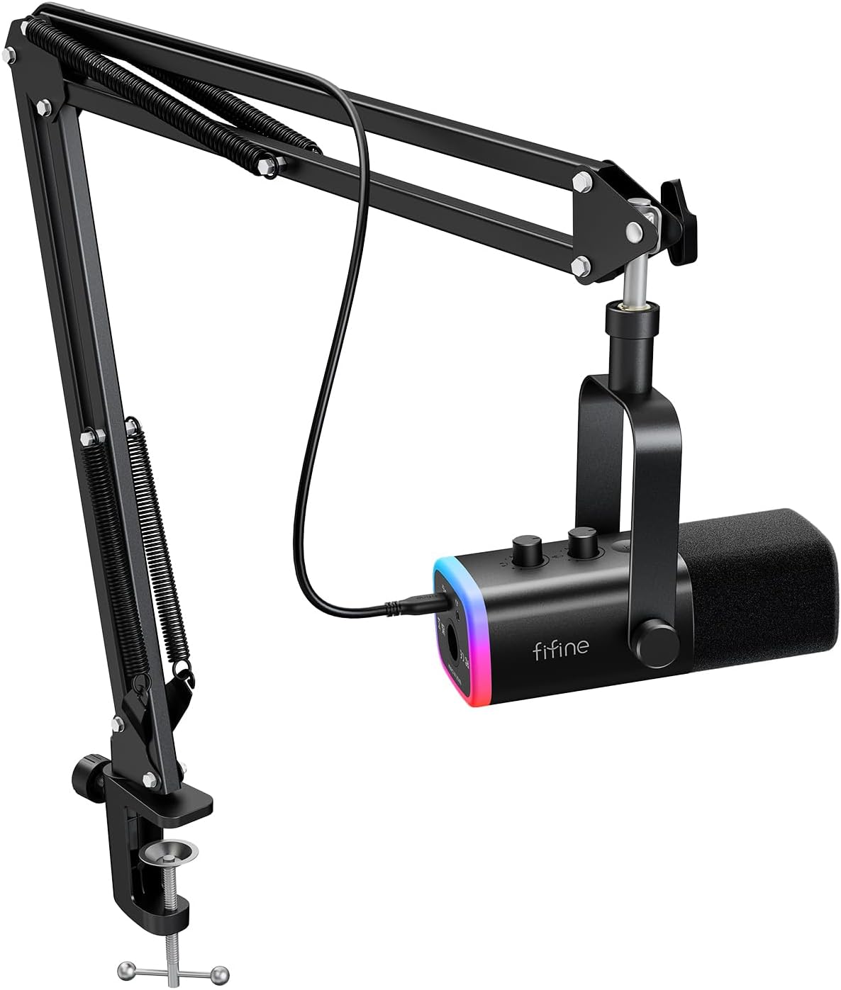 FIFINE XLR/USB Gaming Microphone Set  Dynamic PC Mic for Streaming Podcasting  Computer RGB Mic Kit with Boom Arm Stand  Mute Button  Headphones Jack  for Recording Vocal Voice-Over-AmpliGame AM8T