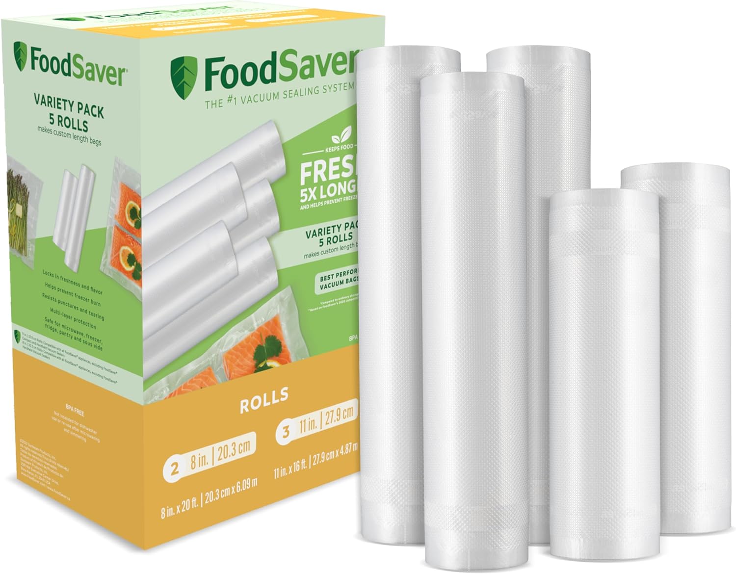FoodSaver Custom Length Vacuum Sealer Bags Multipack  5 Count Rolls for Airtight Food Storage and Sous Vide - Compatible with FoodSaver  8 (2 Pack) and 11 (3 Pack)
