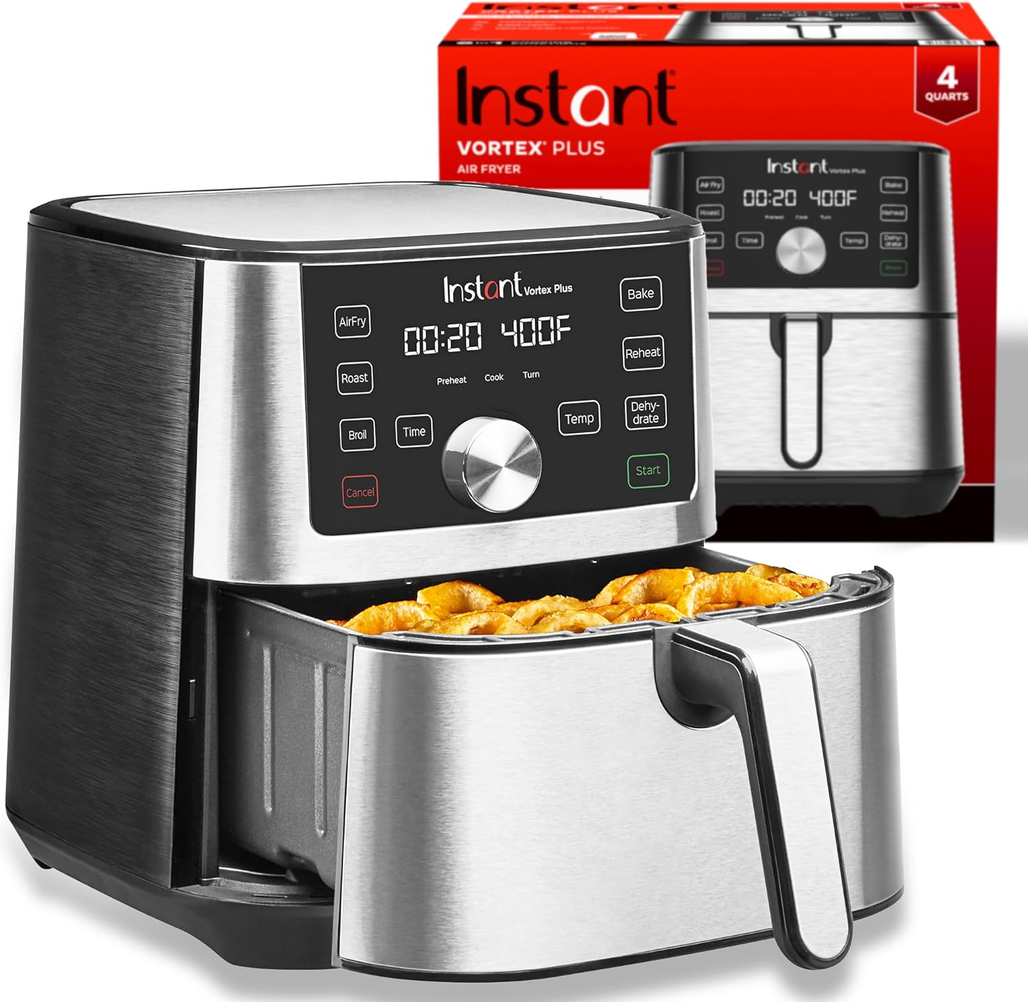 Instant Vortex Plus 4QT Air Fryer  Custom Program Options  6-in-1 Functions Crisps  Broils  Roasts  Dehydrates  Bakes  Reheats  100+ In-App Recipes  from the Makers of Instant Pot  Stainless Steel
