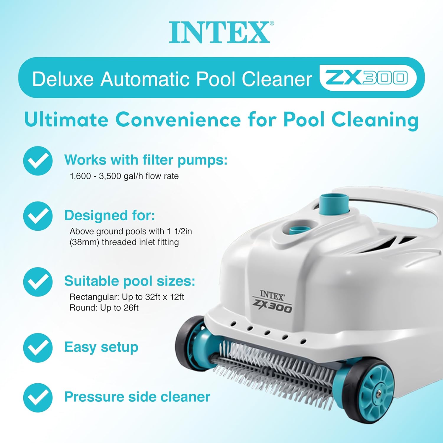 INTEX 28005E ZX300 Deluxe Pressure-Side Above Ground Automatic Pool Cleaner: For Bigger Pools – Cleans Pool Floors and Walls – Removes Debris – Removable Filter Tray – 21ft Tangle Free Hose
