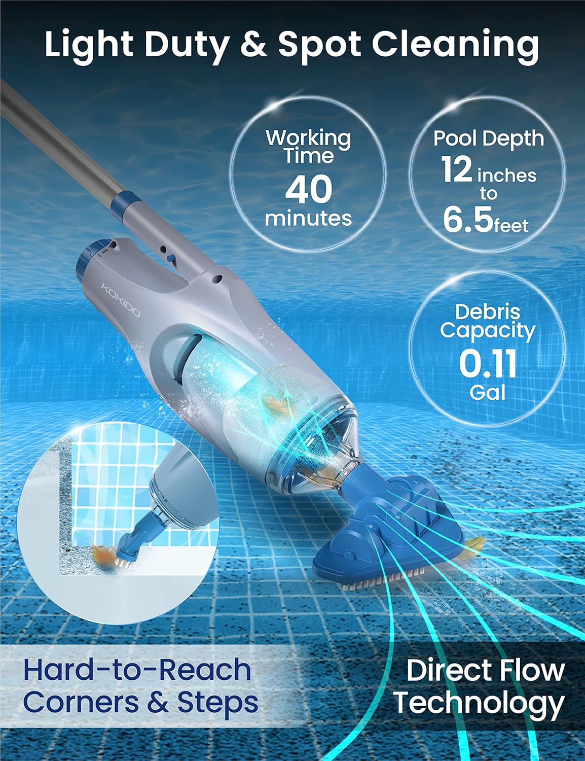 KOKIDO 2024 Rechargeable Handheld Pool Vacuum Set with Adjustable Pole and 2 Interchangeable Brush Heads  for Above Ground Pool  Hot Tub  Spa and Small Pools to 20ft  Cordless  Spot Clean XTROVAC 110