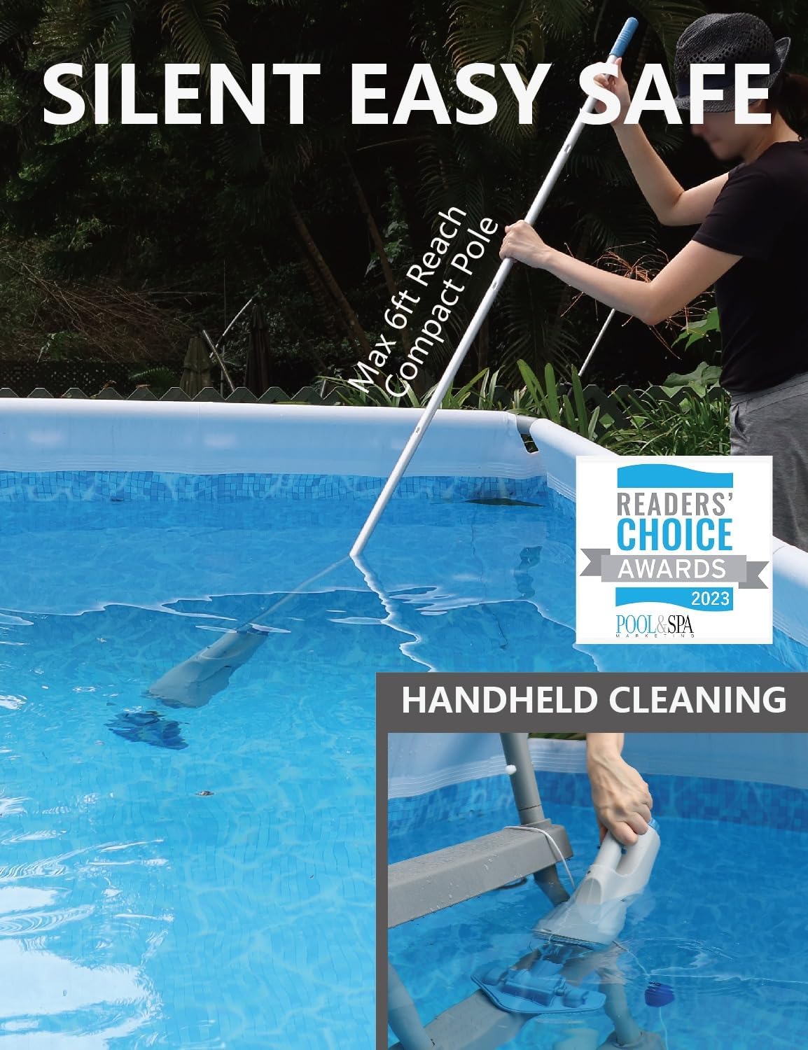 KOKIDO 2024 Rechargeable Handheld Pool Vacuum Set with Adjustable Pole and 2 Interchangeable Brush Heads  for Above Ground Pool  Hot Tub  Spa and Small Pools to 20ft  Cordless  Spot Clean XTROVAC 110