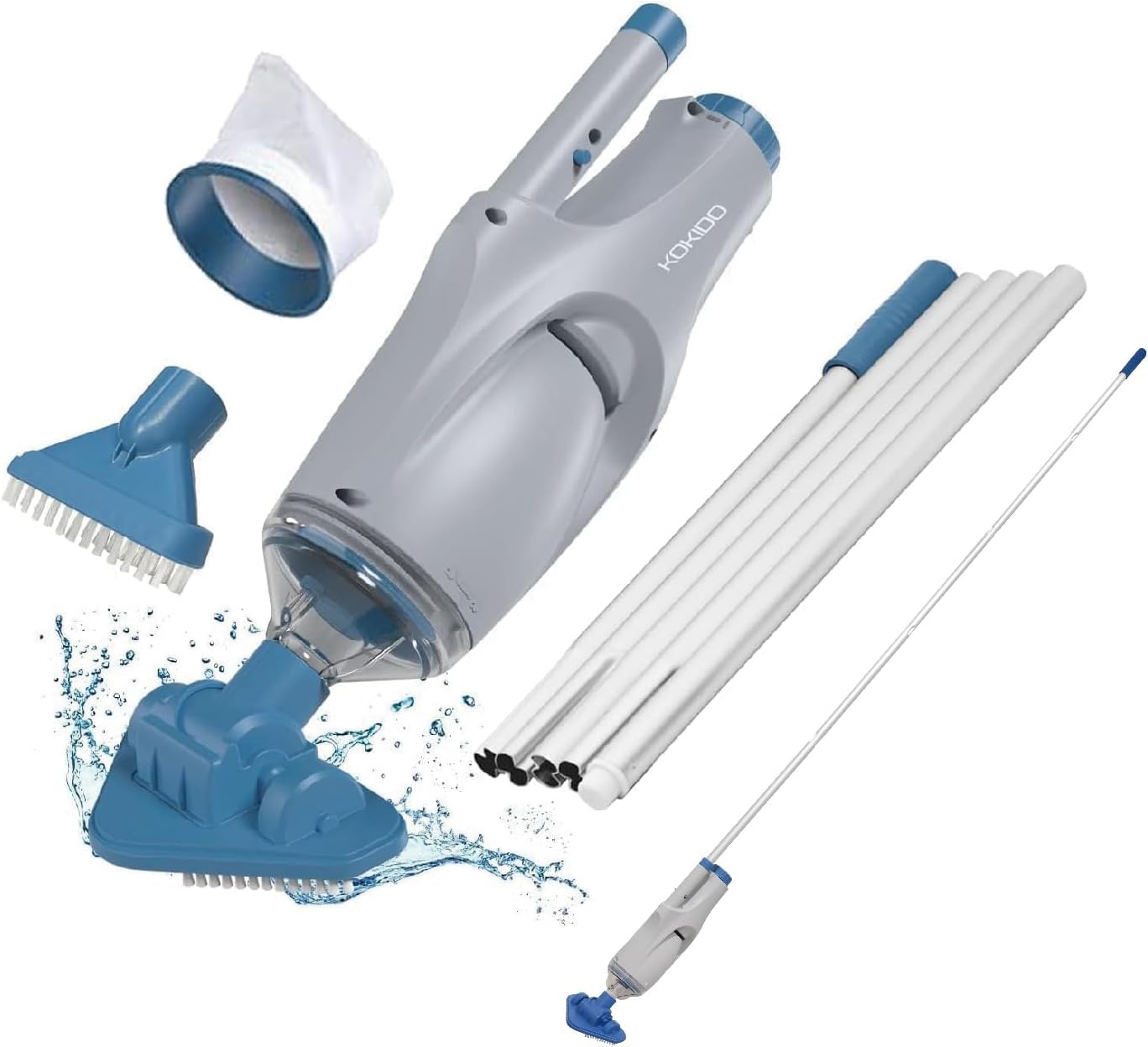 KOKIDO 2024 Rechargeable Handheld Pool Vacuum Set with Adjustable Pole and 2 Interchangeable Brush Heads  for Above Ground Pool  Hot Tub  Spa and Small Pools to 20ft  Cordless  Spot Clean XTROVAC 110
