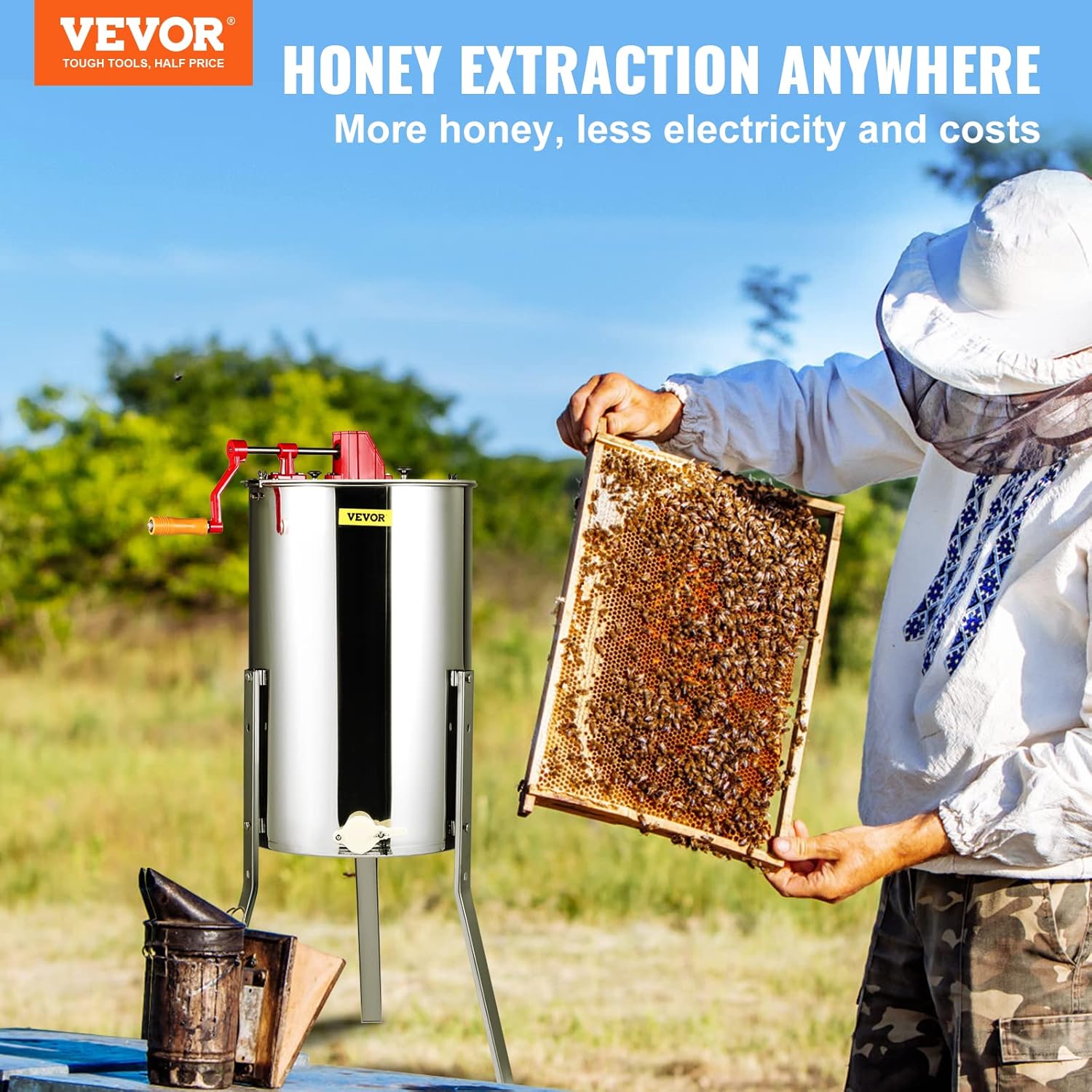 VEVOR Honey Extractor 2/4 Frame Stainless Steel Manual Beekeeping Extraction  Honeycomb Drum Spinner with Transparent Lid  Apiary Centrifuge Equipment with Height Adjustable Stand
