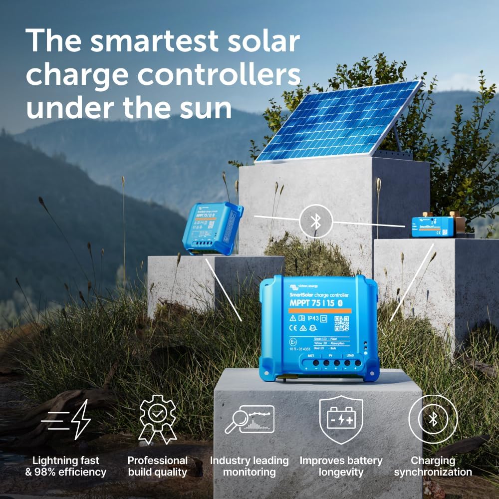 Victron Energy SmartSolar MPPT Solar Charge Controller (Bluetooth) - Charge Controllers for Solar Panels - 75V  15 amp  12/24-Volt
