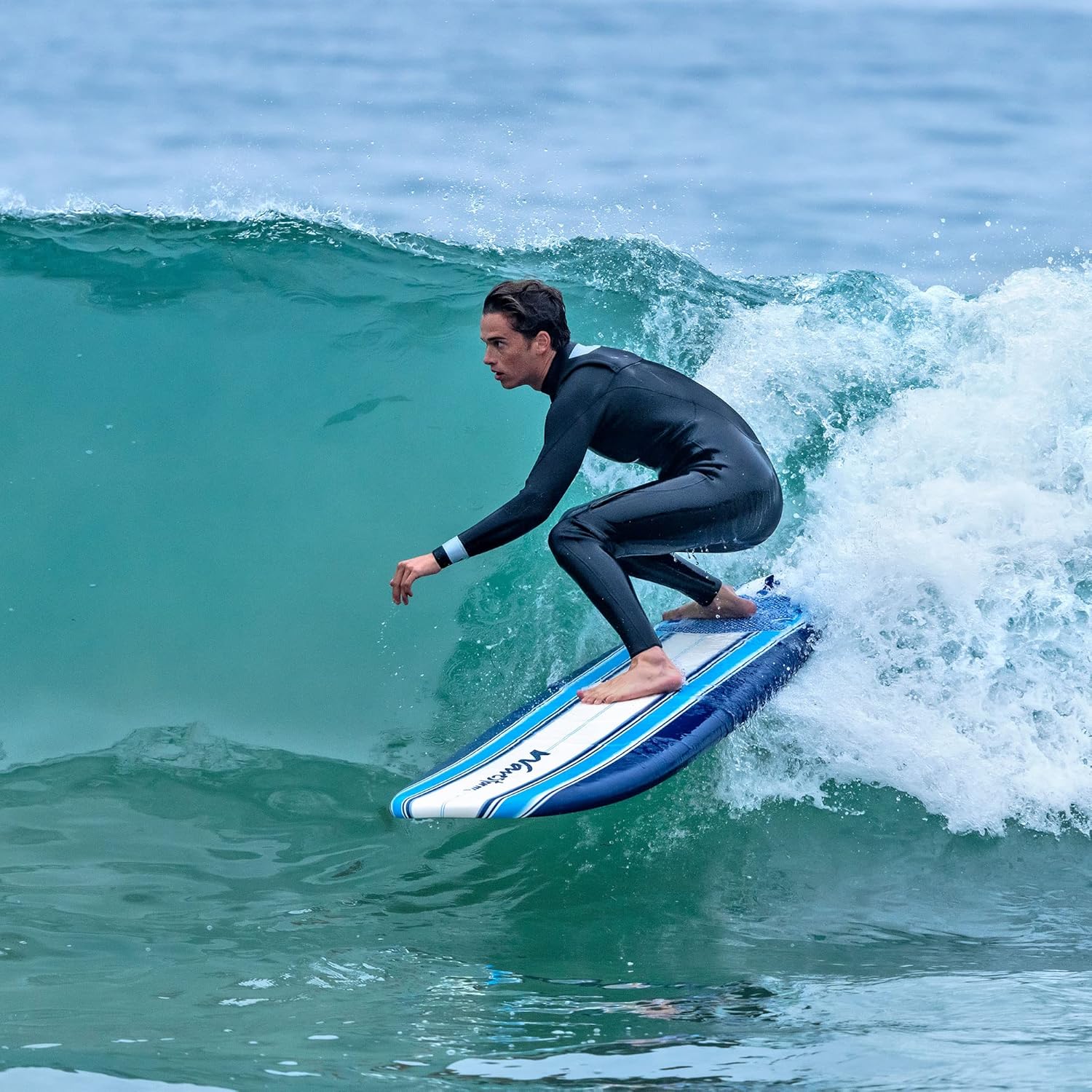 Wave Storm - Classic Soft Top Foam 9ft Surfboard for Beginners and All Surfing Levels Complete Set Includes Leash and Multiple Fins Heat Laminated  Blue Pinline
