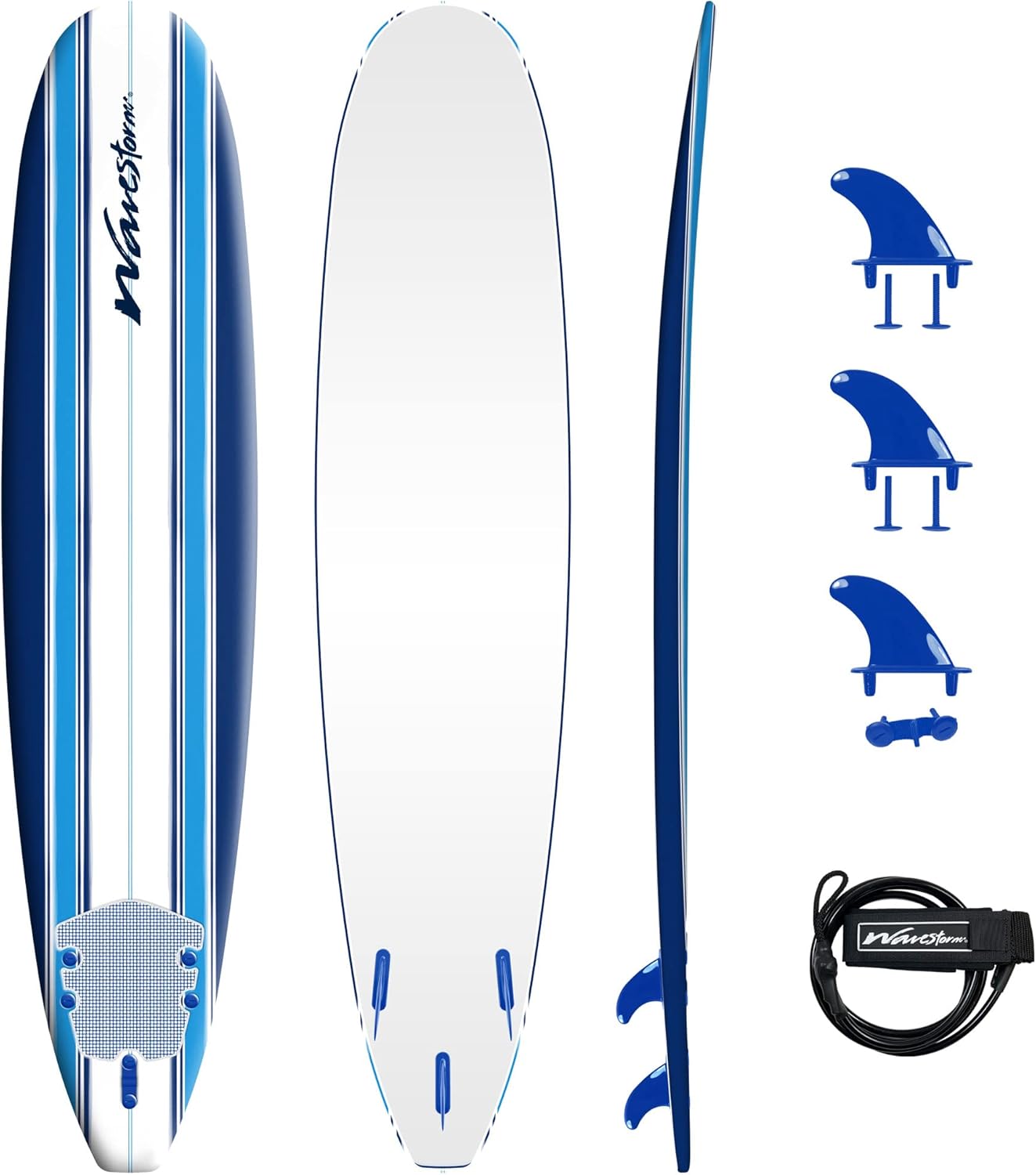 Wave Storm - Classic Soft Top Foam 9ft Surfboard for Beginners and All Surfing Levels Complete Set Includes Leash and Multiple Fins Heat Laminated  Blue Pinline