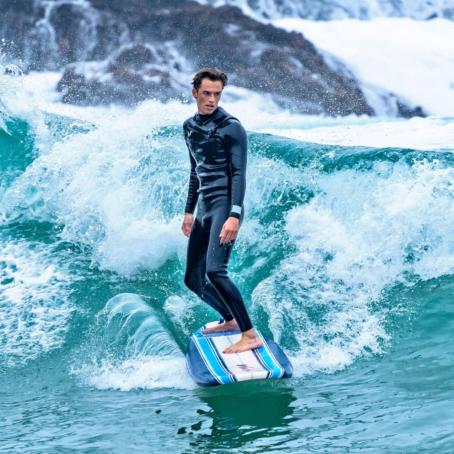 Wave Storm - Classic Soft Top Foam 9ft Surfboard for Beginners and All Surfing Levels Complete Set Includes Leash and Multiple Fins Heat Laminated  Blue Pinline