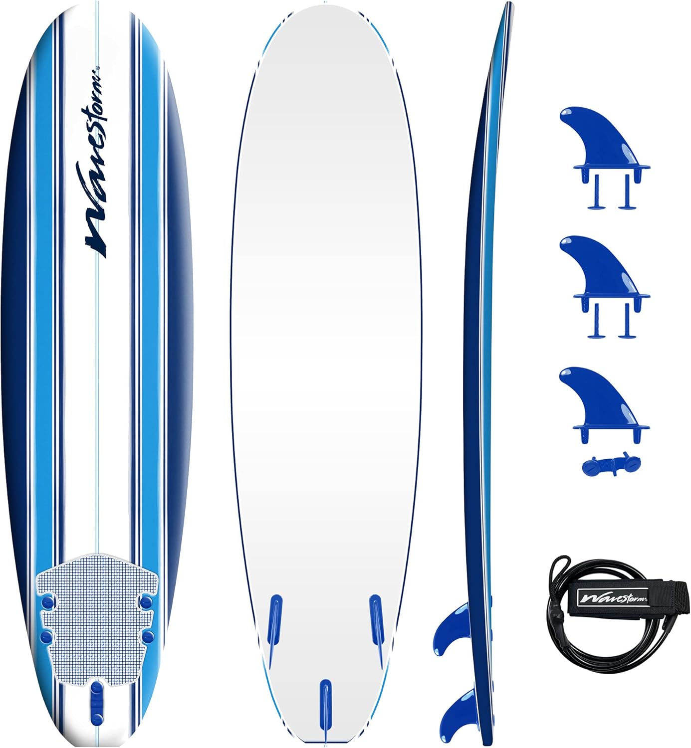 Wavestorm - Classic Soft Top Foam 7ft Surfboard Surfboard for Beginners and All Surfing Levels Complete Set Includes Leash and Multiple Fins Heat Laminated  Blue Pinline (AZ22-WSSF700-PIN)